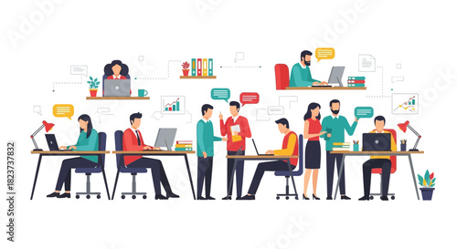 Diverse team collaborating in a modern office environment.