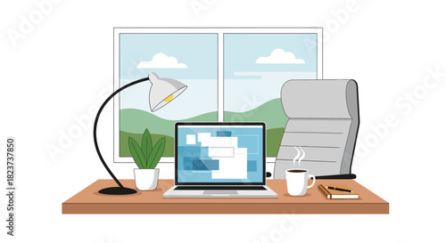 Desk with Laptop and Lamp.