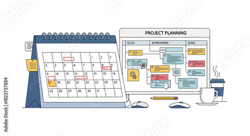 Hand drawn illustration of project planning and scheduling tools.