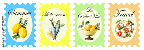 Vintage Italian postcard with margherita, olives, coastal landscape, seafood and summer beach color, Mediterranean cuisine art for print and decor.