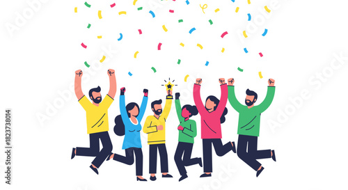 Diverse group of people celebrating success with a trophy and confetti.