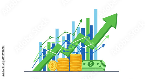 Financial growth chart with rising arrow and money illustration.