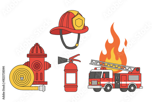 Firefighter equipment and emergency icons set