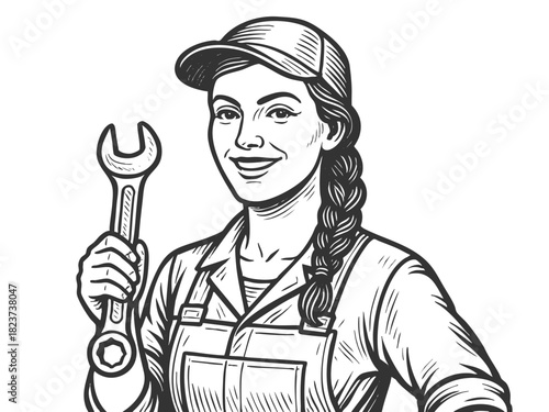 cheerful female mechanic in uniform and cap, symbolizing skilled labor and craftsmanship sketch engraving generative ai fictional character vector illustration. Scratch board. Black and white image.