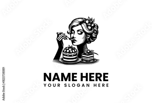 Vintage Woman Eating Cake Vector Logo Illustration - A Delicious Delight