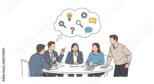 Business team brainstorming ideas during a meeting with thought bubbles.