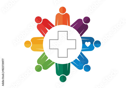 Colorful People Circle with Medical Cross Symbol.