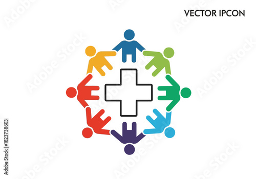 Colorful People Circle Around Medical Cross Symbol Teamwork and Healthcare Concept.