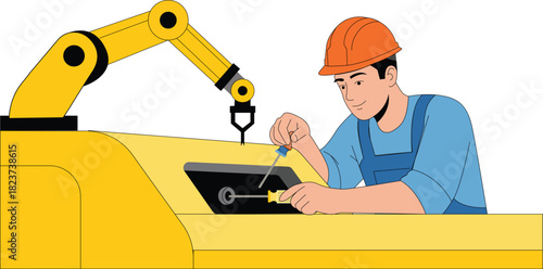 Factory worker man repairing a robotic equipment vector illustration