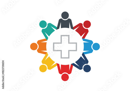 Colorful People Circle with Medical Cross Symbol Teamwork and Healthcare Concept.