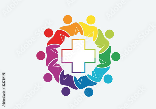 Colorful People Circle with Medical Cross Symbol.