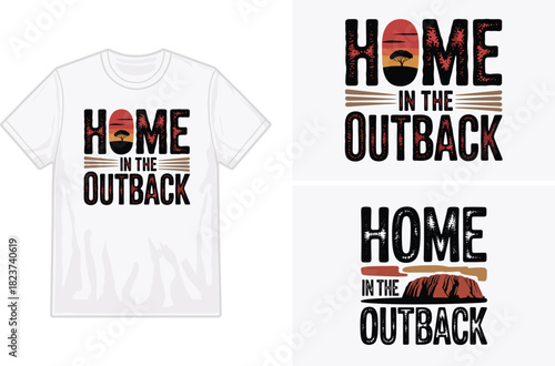 A white t shirt featuring an home in the outback graphic design mockup