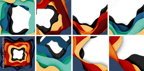 Abstract paper layers create colorful designs. Shapes vary, showcasing vibrant hues, curves, folds, textures. Modern art composition.