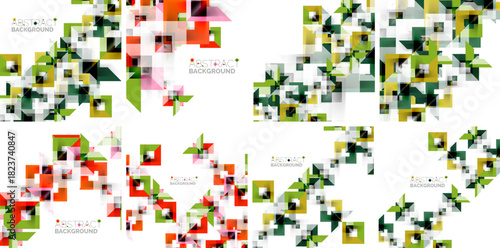 Geometric patterns, vibrant colors, square shapes create modern backgrounds. Designs feature overlapping elements, gradients, visual texture.