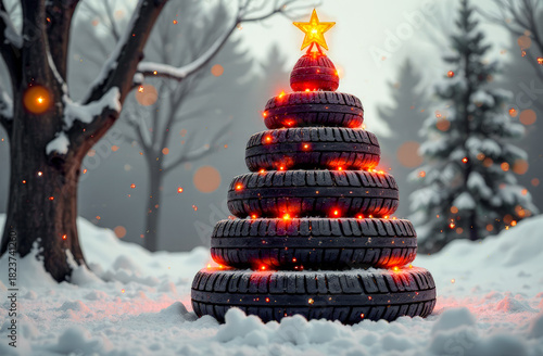 Christmas tree made of car tires on a blurry background with Christmas trees and yellow lights. A Christmas greeting card from an auto repair shop. free space for text