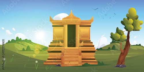 Golden Temple with Spiritual Buildings in the forest, cartoon