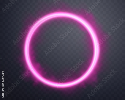 Pink magic ring with glowing. Neon realistic energy flare halo ring. Abstract light effect on a dark transparent background. Vector illustration.