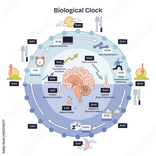 Biological clock circadian rhythm visualizes daily body cycles, brain, clock, timeline highlight sleep, alertness, temperature changes. Doodle style diagram