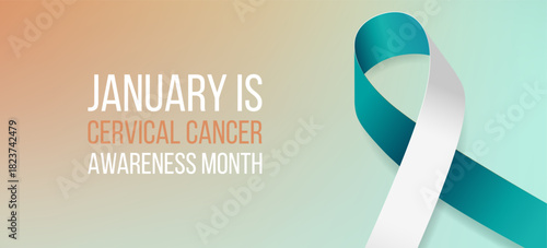 Cervical cancer awareness month banner with teal and white ribbon awareness and text. Vector illustration.
