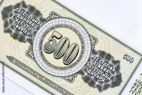 500 dinars paper bill issued by Yugoslavia, that shows Monument of Nikola Tesla.Vintage money of Yugoslavia.