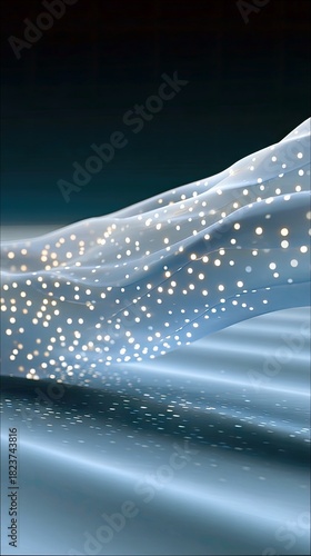 An abstract composition featuring flowing, translucent fabric illuminated by numerous small, glowing lights. The background is dark and moody, with a sense of d