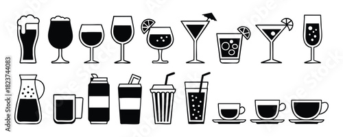 Minimalist Drink and Barware Vector Set, From Morning Brews to Evening Cocktails: A Glassware Collection, A Complete Guide to Beverage Iconography, silhouette, illustration, vector