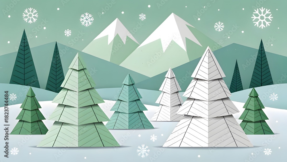 Obraz premium Geometric winter landscape with snow covered mountains and trees