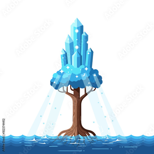 Fantasy magical crystal tree growing from water with glowing ice gems and celestial sparkles