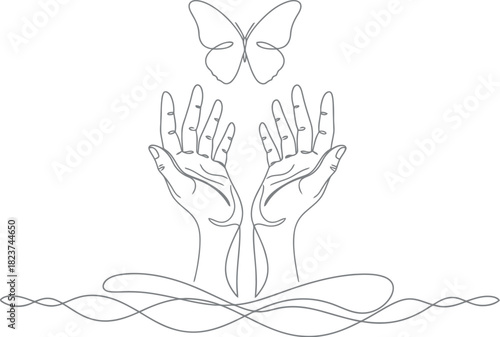 Delicate line art of open hands releasing a butterfly into the air