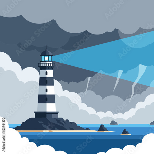 Minimalist flat illustration of a striped lighthouse beacon shining bright light across a stormy sea with dark clouds and rocky coast landscape