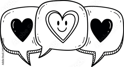 Three hand drawn speech bubbles with hearts conveying love and happiness