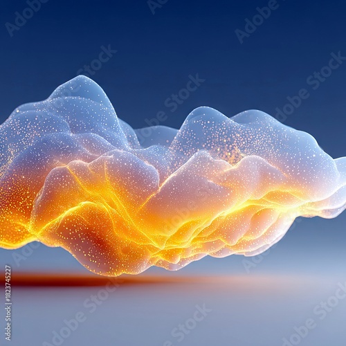 A luminous, abstract cloud-like formation with glowing orange and white light, speckled with tiny golden particles against a dark blue background.