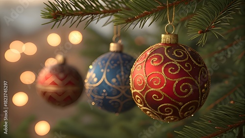 Close up of festive christmas ornaments hanging on a pine tree with bokeh lights