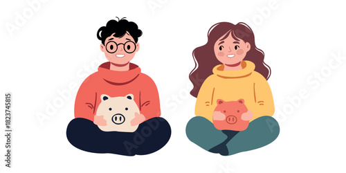 boy and girl sitting with piggy banks