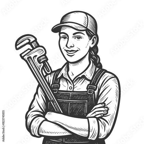 confident woman plumber in cap and overalls, holding a large adjustable pipe wrench sketch engraving generative ai fictional character vector illustration. Scratch board imitation. Black and white.