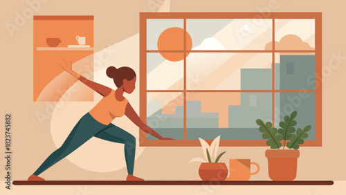 Woman doing morning yoga at home by the window with plants and warm sunlight in cozy minimalist interior