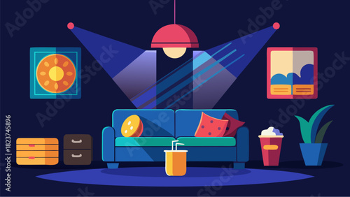 Cozy living room interior with sofa, cushions, popcorn and drink under warm lighting in night home cinema setup