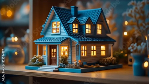 A warmly lit miniature house model showcasing cozy architecture, embodying the concept of an inviting dream home, future aspirations, and comfortable domesticity
