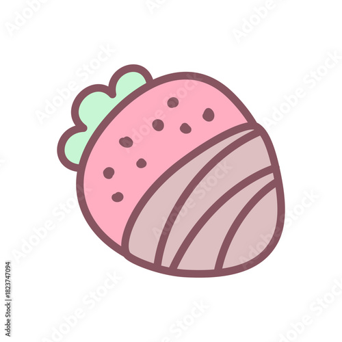 Cute strawberry in chocolate icon. Doodle illustration of pink pastel strawberry dipped in chocolate with green top. Kawaii sticker. Vector 10 EPS.
