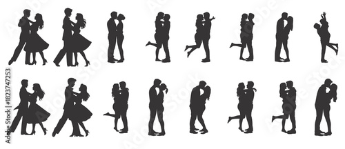 Collection of romantic couple silhouettes in various poses of affection and dance silhouette