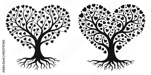 Two heart shaped trees with roots and leaves in silhouette