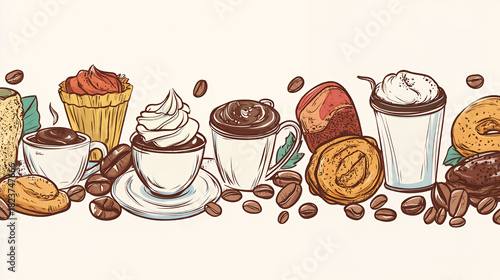 Coffee and pastries illustration with coffee beans, perfect for cafe menus