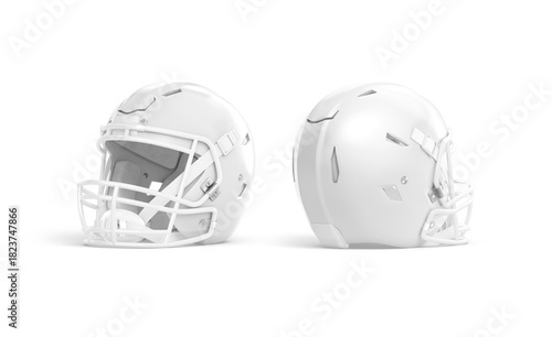 Blank white american football helmet mockup, side view, front back, png, transparent background, 3d rendering. Empty full face protective casque mock up cut out.