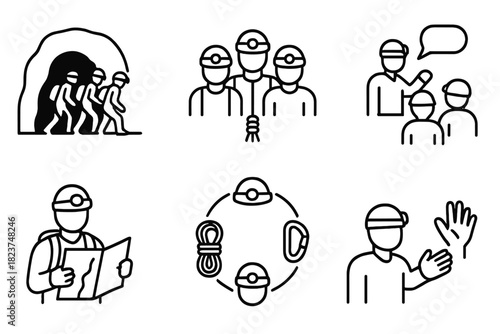 Caving Adventure Icons. Line style icons of caving groups: team entering cave, rope team symbol, group briefing icon, gear share