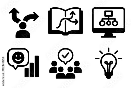 Icons of Collaborative Storytelling. Line style icons of Crowdsourced Scriptwriting: branching plot path, multi-ending icon, story