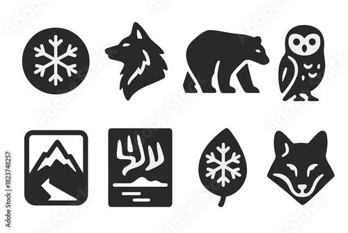Polar Motif Icons. Solid style icons of polar and glacial motifs: northern ice symbol, arctic wolf etching, polar bear carving.