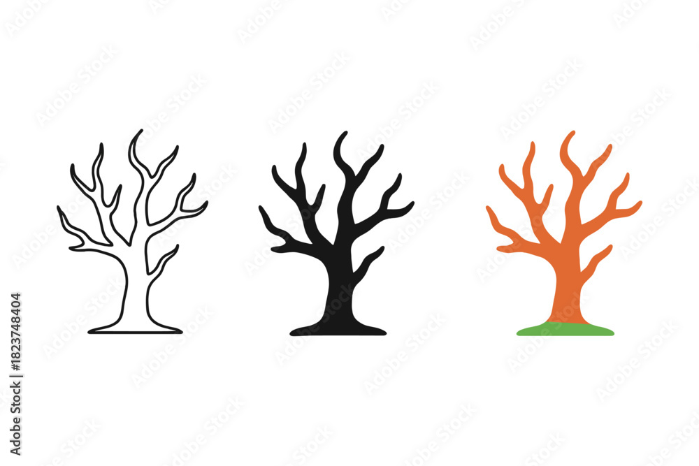 Fototapeta premium Eerie Tree Trio. Minimalist eerie tree icon: three identical twisted trees in a row, first in line style with thin outline, second