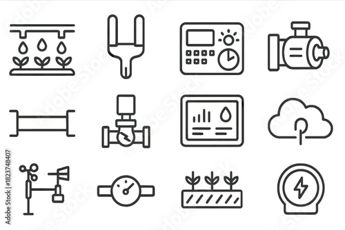 Smart Irrigation Icons. Line style icons of Smart Irrigation Systems: drip line, moisture sensor, control unit, water pump;
