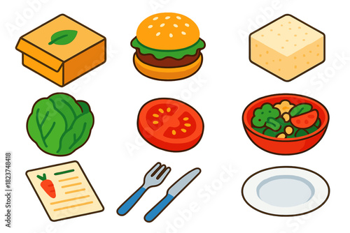Vegan Meal Icons. Isometric vector illustration set Climate action – vegan meal kit, plant-based burger, tofu block; lettuce head,