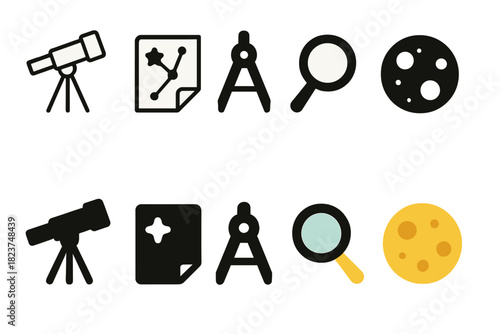 Astronomical Tools Icons. Linear minimalistic astronomical tools icon: telescope, star chart, compass, magnifying glass, notebook,